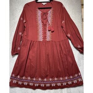 Knox Rose Maroon Boho Prairie Embroidered Long Sleeve‎ Knee Length Dress L
